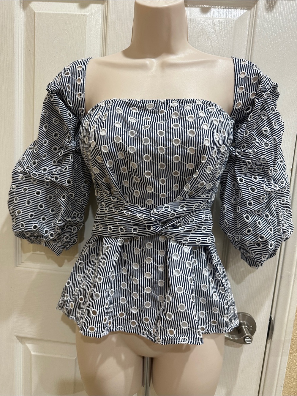 Bardot Navy and White Striped Puff-Sleeve Peplum Top size 4